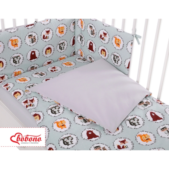 Bedding set 5-pcs bumper cases mosquito-net - mint animals