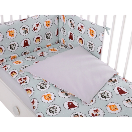 Bedding set 5-pcs bumper cases mosquito-net - mint animals