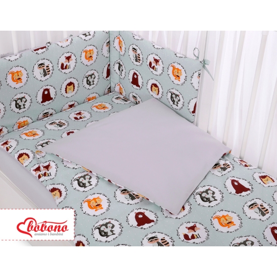 Bedding set 5-pcs bumper cases mosquito-net - mint animals