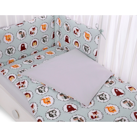 Bedding set 5-pcs bumper cases mosquito-net - mint animals