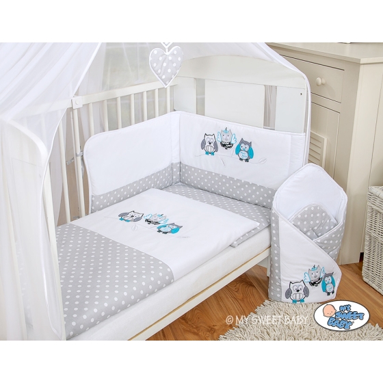 Bedding set 5-pcs bumper cases mosquito-net- Owls -Gray-turquoise