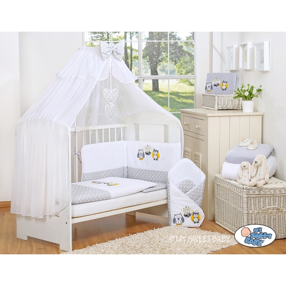 Bedding set 5-pcs bumper cases mosquito-net- Owls Gray-yellow