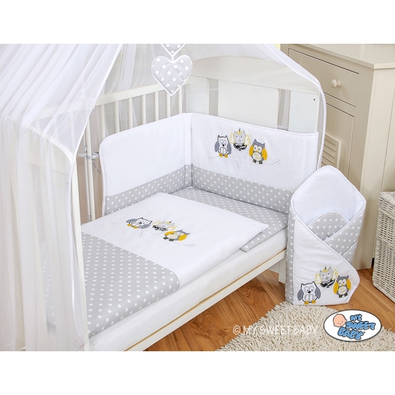 Bedding set 5-pcs bumper cases mosquito-net- Owls Gray-yellow