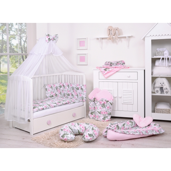 Bedding set 5-pcs bumper cases mosquito-net - peony flower pink