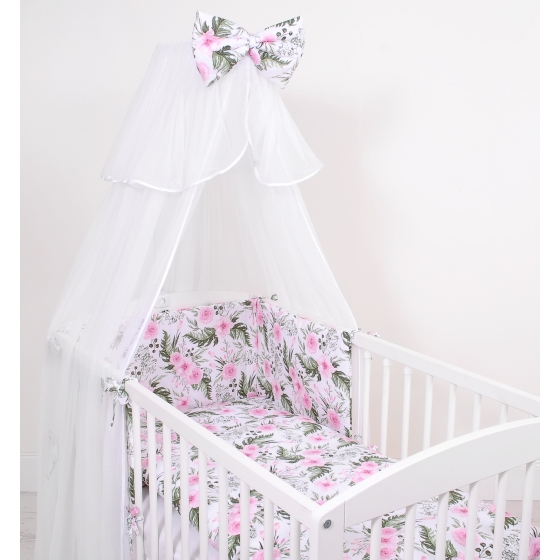 Bedding set 5-pcs bumper cases mosquito-net - peony flower pink