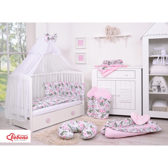 Bedding set 5-pcs bumper cases mosquito-net - peony flower pink