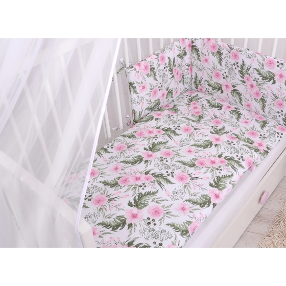 Bedding set 5-pcs bumper cases mosquito-net - peony flower pink