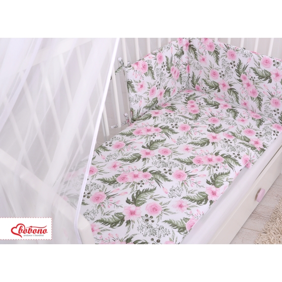 Bedding set 5-pcs bumper cases mosquito-net - peony flower pink