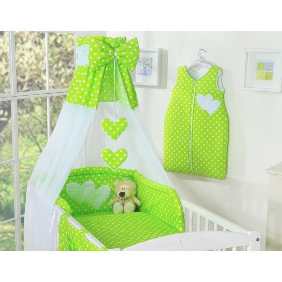 Bedding set 7-pcs bumper cases canopy filling - Hanging Hearts white dots on green