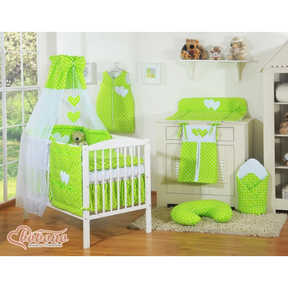 Bedding set 7-pcs bumper cases canopy filling - Hanging Hearts white dots on green