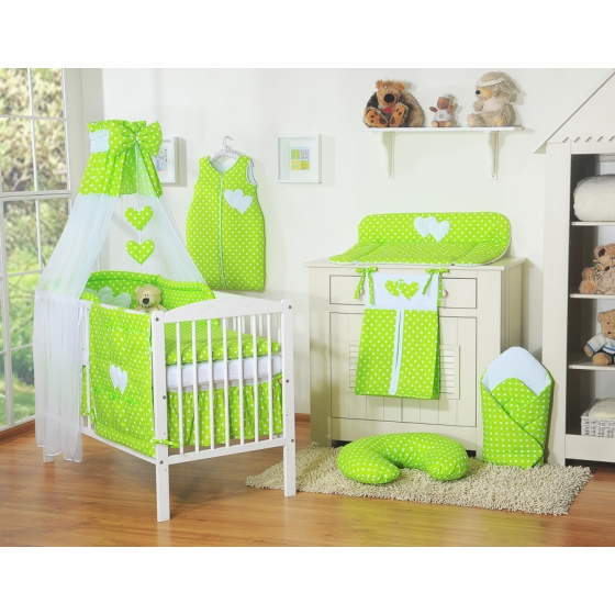 Bedding set 7-pcs bumper cases canopy filling - Hanging Hearts white dots on green