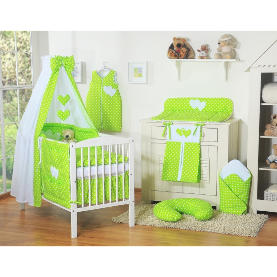 Bedding set 7-pcs bumper cases canopy filling - Hanging Hearts white dots on green