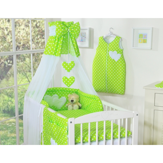 Bedding set 7-pcs bumper cases canopy filling - Hanging Hearts white dots on green