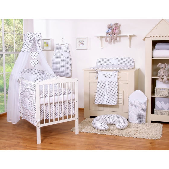 Bedding set 7-pcs with canopy- Hanging Hearts black dots on white