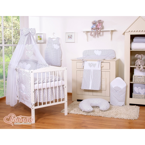 Bedding set 7-pcs with canopy- Hanging Hearts black dots on white