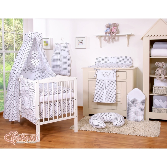Bedding set 7-pcs with canopy- Hanging Hearts black dots on white