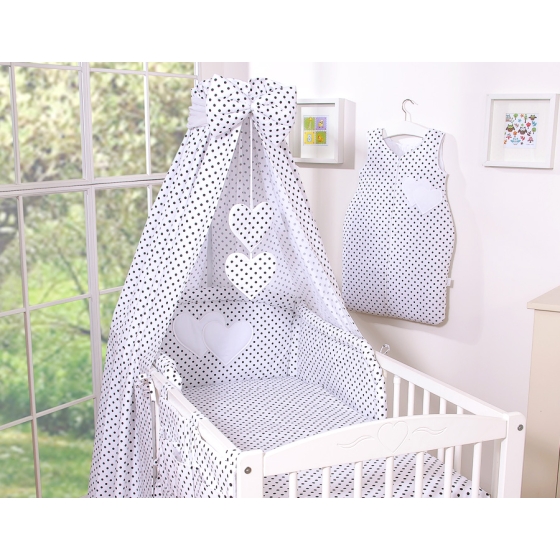 Bedding set 7-pcs with canopy- Hanging Hearts black dots on white