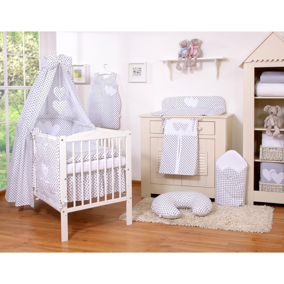 Bedding set 7-pcs with canopy- Hanging Hearts black dots on white