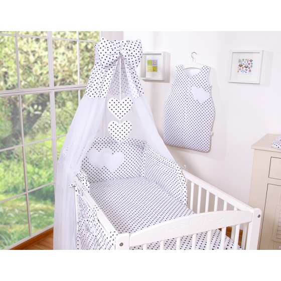 Bedding set 7-pcs with canopy- Hanging Hearts black dots on white