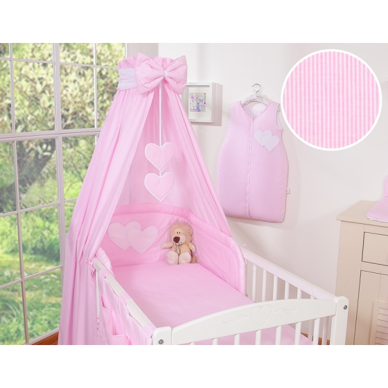 Bedding set 7-pcs with canopy- Hanging Hearts pink stripes