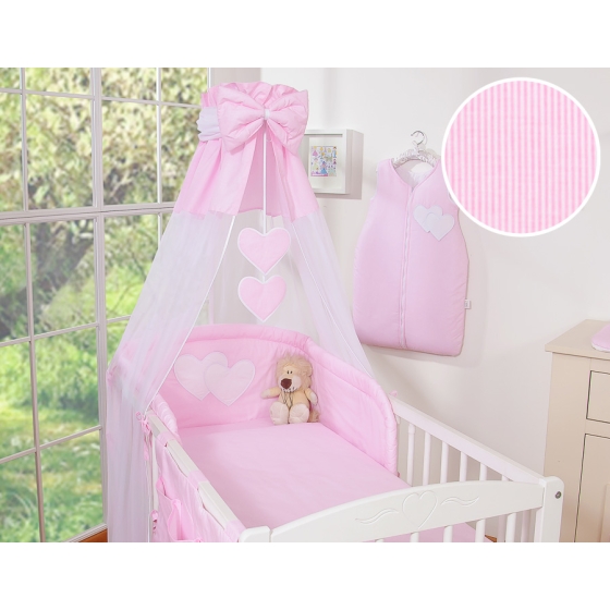Bedding set 7-pcs with canopy- Hanging Hearts pink stripes