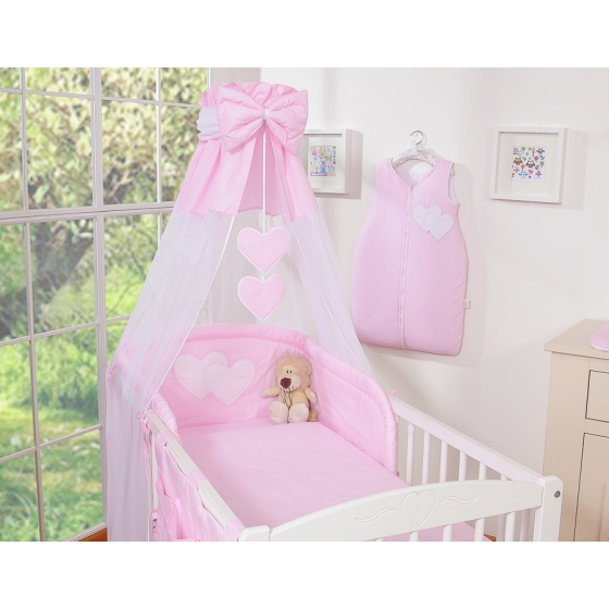 Bedding set 7-pcs with canopy- Hanging Hearts pink stripes