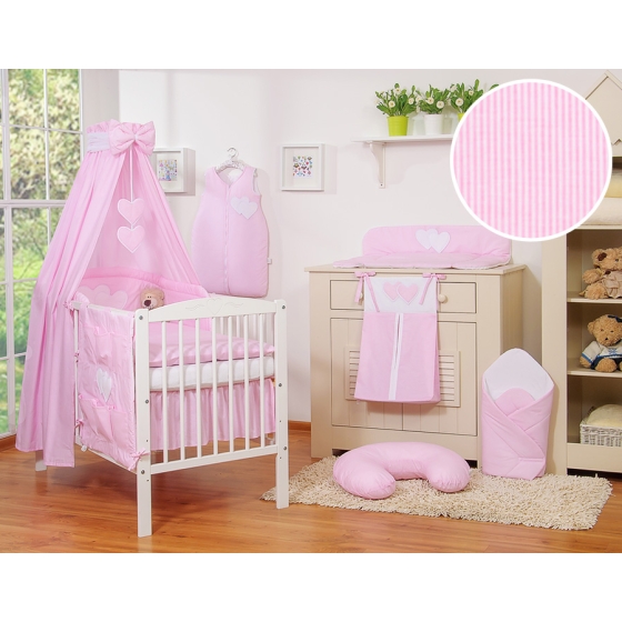 Bedding set 7-pcs with canopy- Hanging Hearts pink stripes
