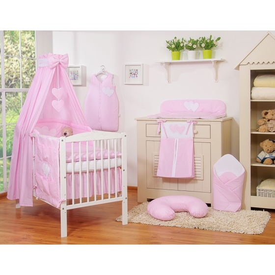 Bedding set 7-pcs with canopy- Hanging Hearts pink stripes