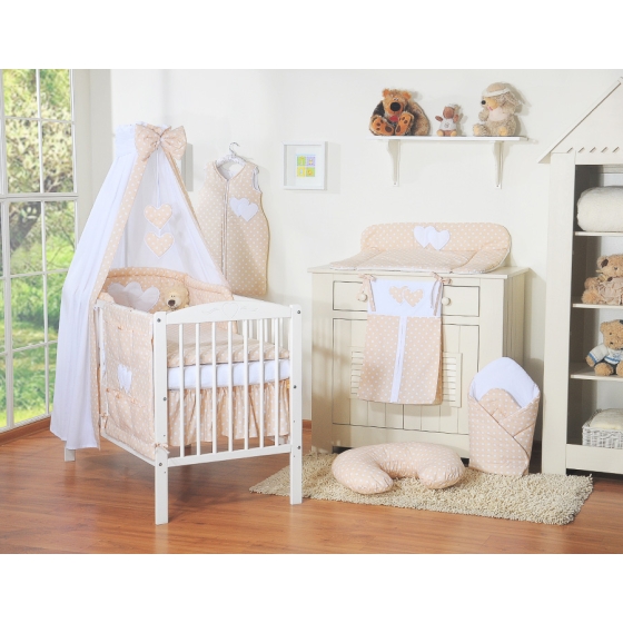 Bedding set 7-pcs with canopy- Hanging Hearts white dots on beige