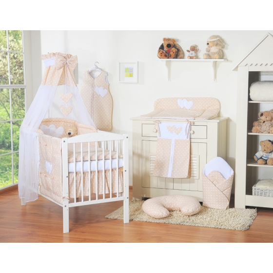 Bedding set 7-pcs with canopy- Hanging Hearts white dots on beige