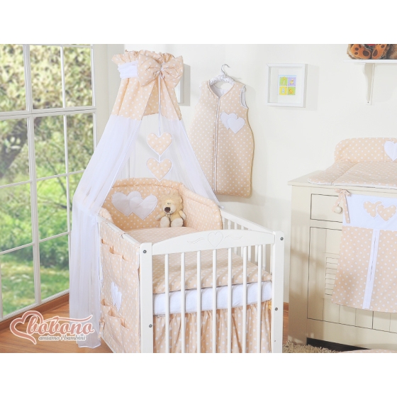 Bedding set 7-pcs with canopy- Hanging Hearts white dots on beige