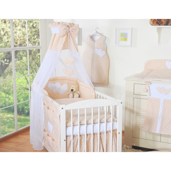 Bedding set 7-pcs with canopy- Hanging Hearts white dots on beige
