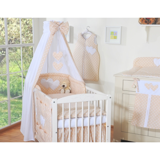 Bedding set 7-pcs with canopy- Hanging Hearts white dots on beige