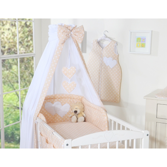 Bedding set 7-pcs with canopy- Hanging Hearts white dots on beige