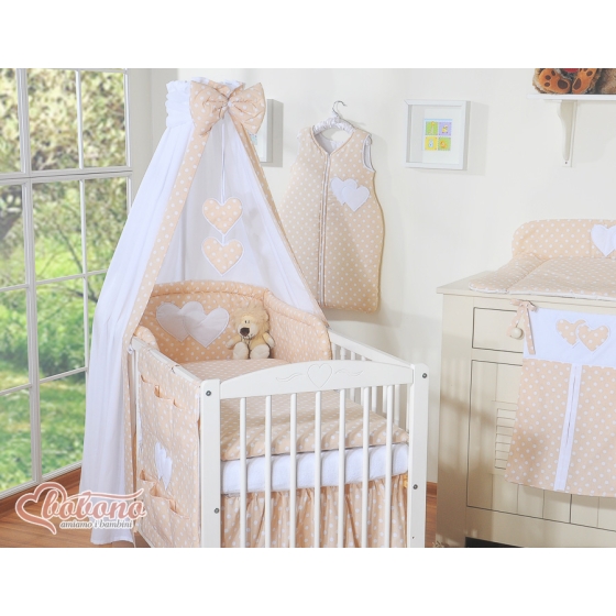 Bedding set 7-pcs with canopy- Hanging Hearts white dots on beige