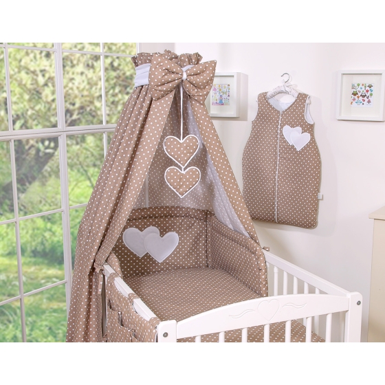 Bedding set 7-pcs with canopy- Hanging Hearts white dots on brown
