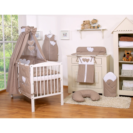 Bedding set 7-pcs with canopy- Hanging Hearts white dots on brown