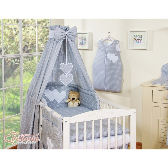 Bedding set 7-pcs with canopy- Hanging Hearts white dots on Gray