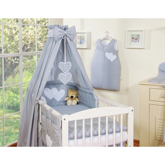 Bedding set 7-pcs with canopy- Hanging Hearts white dots on Gray