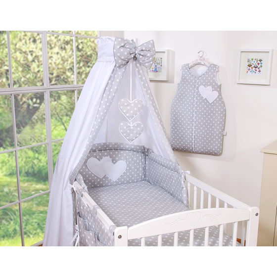 Bedding set 7-pcs with canopy- Hanging Hearts white dots on Gray