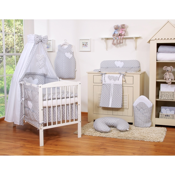 Bedding set 7-pcs with canopy- Hanging Hearts white dots on Gray