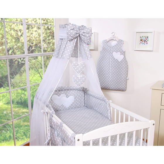 Bedding set 7-pcs with canopy- Hanging Hearts white dots on Gray