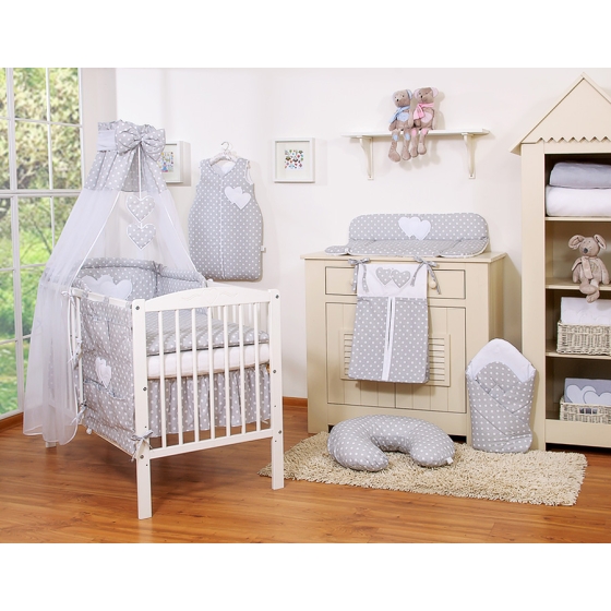 Bedding set 7-pcs with canopy- Hanging Hearts white dots on Gray