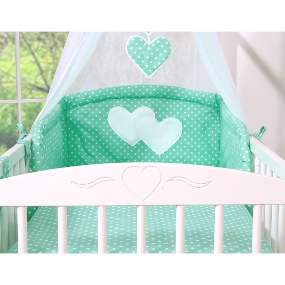 Bedding set 7-pcs with canopy- Hanging Hearts white dots on mint