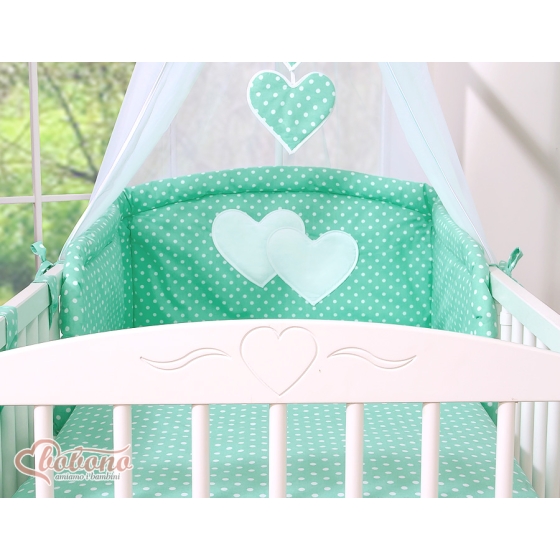 Bedding set 7-pcs with canopy- Hanging Hearts white dots on mint