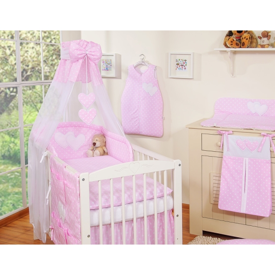 Bedding set 7-pcs with canopy- Hanging Hearts white dots on pink