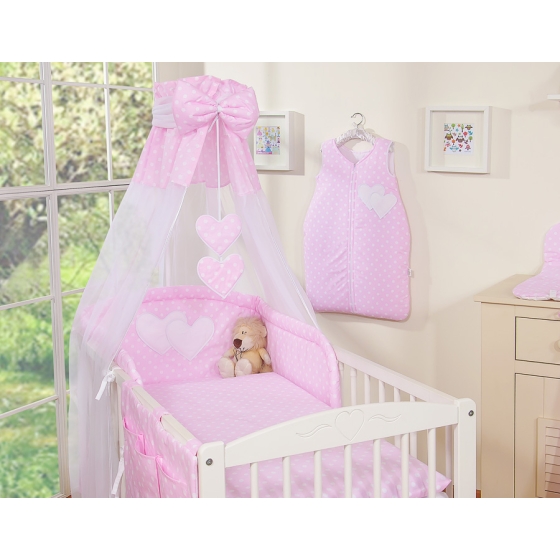 Bedding set 7-pcs with canopy- Hanging Hearts white dots on pink