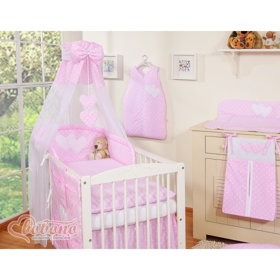 Bedding set 7-pcs with canopy- Hanging Hearts white dots on pink