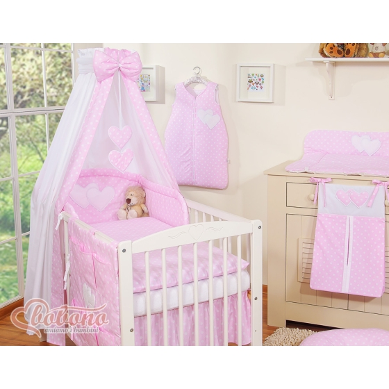 Bedding set 7-pcs with canopy- Hanging Hearts white dots on pink