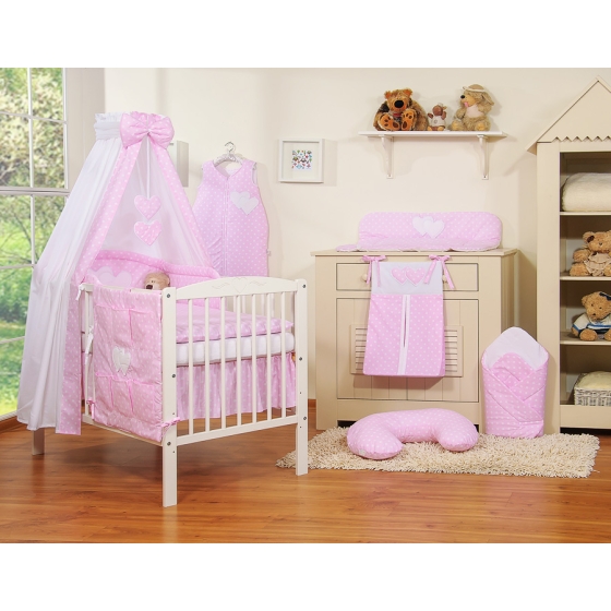 Bedding set 7-pcs with canopy- Hanging Hearts white dots on pink
